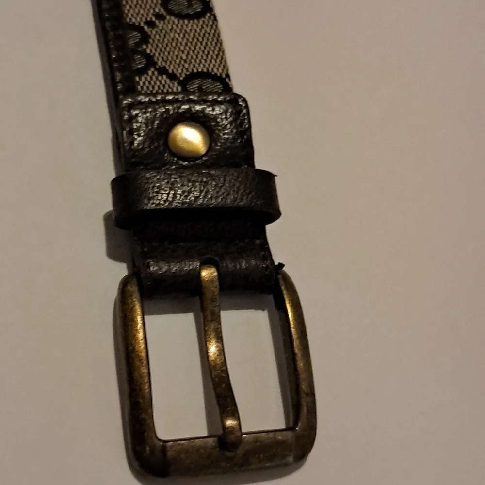 Gucci Canvas Leather Trimmed Belt Brass Buckle Size 38 Luxury Classic Preowned